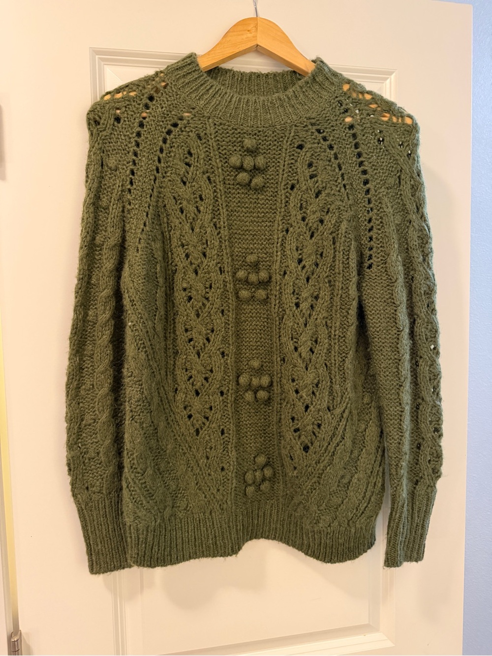 J. Crew Olive Green Alpaca Wool Blend Cable Knit Sweater with Bobble Details